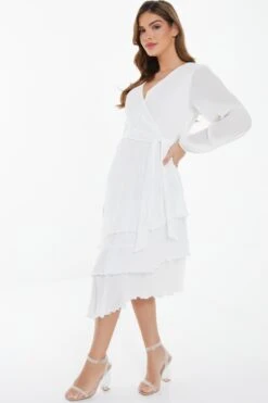 White Chiffon Crinkle Wrap Midi Dress -Glamourista 00100037029 XS