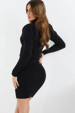 Black Knitted Puff Sleeve Dress -Glamourista 00100037033 XB