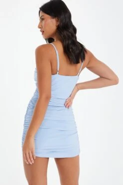 Blue Tie Front Ruched Bodycon Mini Dress 8 Blue Tie Front Ruched Bodycon Mini Dress -Glamourista 00100037044 XB