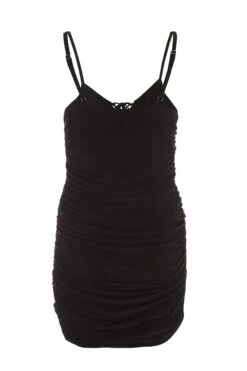 Black Tie Front Ruched Bodycon Mini Dress -Glamourista 00100037045 ZB