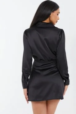 Black Satin Button Mini Shirt Dress -Glamourista 00100037097 XB