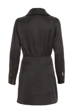 Black Satin Button Mini Shirt Dress -Glamourista 00100037097 ZB