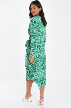 Green Satin Aztec Wrap Midi Dress -Glamourista 00100037099 XB