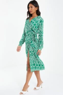 Green Satin Aztec Wrap Midi Dress -Glamourista 00100037099 XS