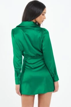 Green Satin Button Mini Shirt Dress -Glamourista 00100037100 XB