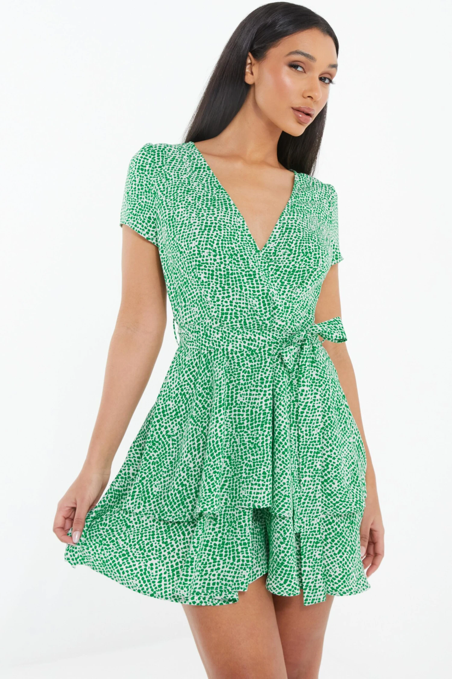 Green Polka Dot Wrap Mini Dress 2 Green Polka Dot Wrap Mini Dress - Image 2