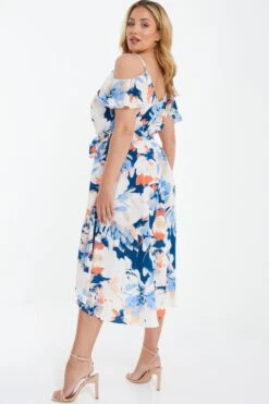 Curve Blue Floral Cold Shoulder Wrap Midi Dress -Glamourista 00100037105 XB