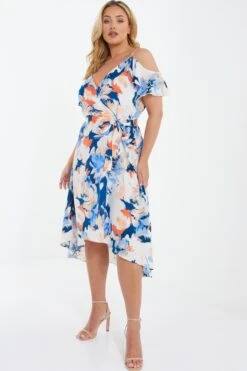 Curve Blue Floral Cold Shoulder Wrap Midi Dress -Glamourista 00100037105 XS