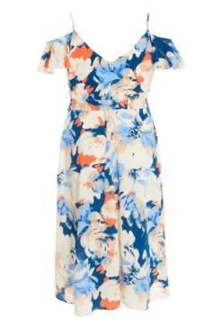 Curve Blue Floral Cold Shoulder Wrap Midi Dress -Glamourista 00100037105 ZB