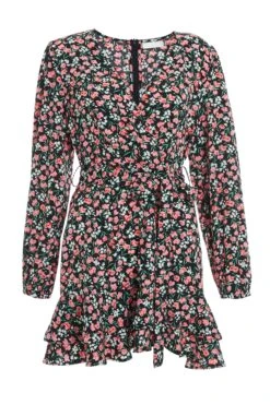 Petite Black Ditsy Floral Wrap Mini Dress