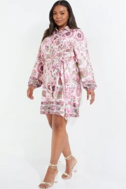 Curve Pink Paisley Print Mini Shirt Dress -Glamourista 00100037129 XS