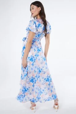 Blue Satin Floral Wrap Midaxi Dress -Glamourista 00100037132 XB