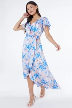 Blue Satin Floral Wrap Midaxi Dress -Glamourista 00100037132 XS