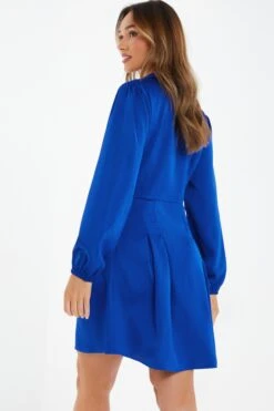 Royal Blue Satin Button Shirt Mini Dress -Glamourista 00100037135 XB