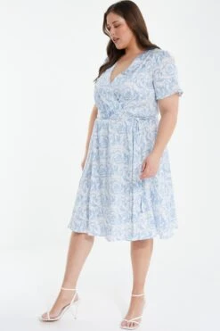 Curve Light Blue Satin Floral Wrap Midi Dress -Glamourista 00100037159 XS