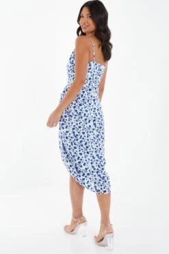 Blue Satin Animal Print Ruched Midi Dress 8 Blue Satin Animal Print Ruched Midi Dress -Glamourista 00100037160 XB