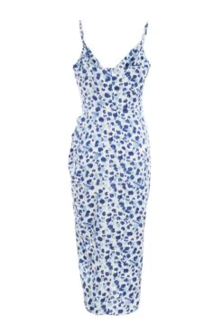 Blue Satin Animal Print Ruched Midi Dress 10 Blue Satin Animal Print Ruched Midi Dress -Glamourista 00100037160 ZB