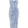 Blue Satin Animal Print Ruched Midi Dress