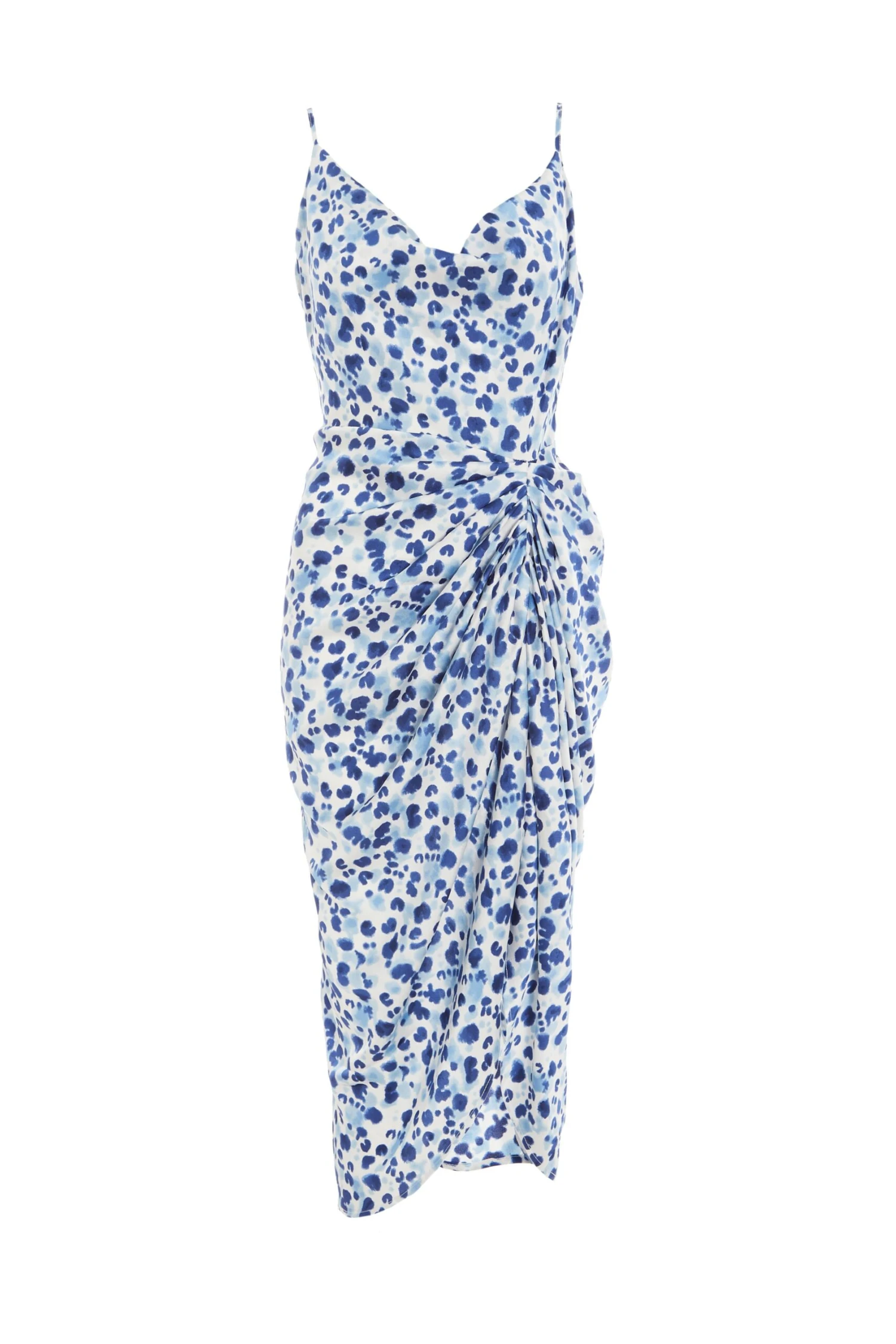 Blue Satin Animal Print Ruched Midi Dress 1 Blue Satin Animal Print Ruched Midi Dress