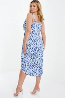 Curve Blue Satin Animal Print Ruched Midi Dress -Glamourista 00100037164 XB