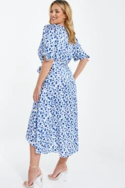 Curve Blue Satin Animal Print Wrap Midi Dress -Glamourista 00100037166 XB