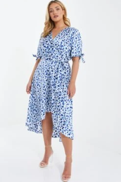 Curve Blue Satin Animal Print Wrap Midi Dress -Glamourista 00100037166 XS