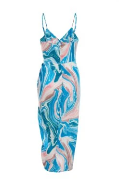 Blue Satin Marble Print Ruched Midi Dress 10 Blue Satin Marble Print Ruched Midi Dress -Glamourista 00100037174 ZB