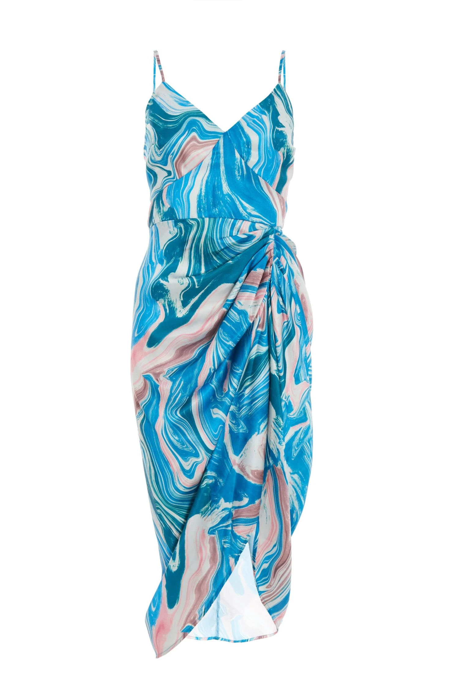 Blue Satin Marble Print Ruched Midi Dress 1 Blue Satin Marble Print Ruched Midi Dress