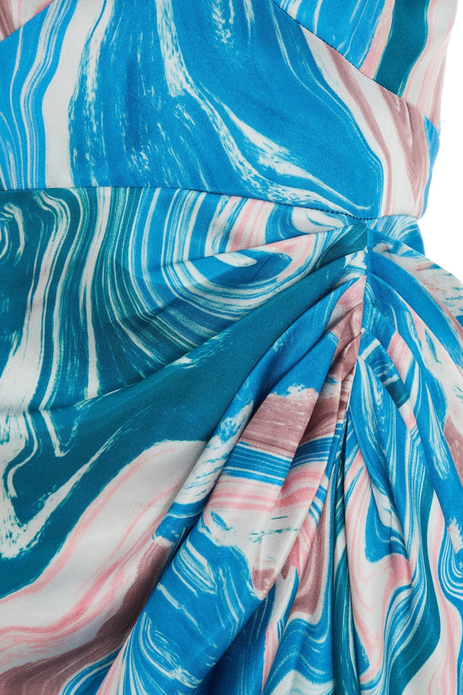 Blue Satin Marble Print Ruched Midi Dress 6 Blue Satin Marble Print Ruched Midi Dress - Image 6