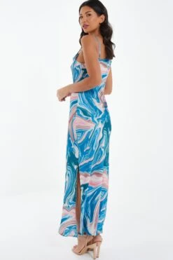 Blue Satin Marble Print Midaxi Dress 8 Blue Satin Marble Print Midaxi Dress -Glamourista 00100037175 XB