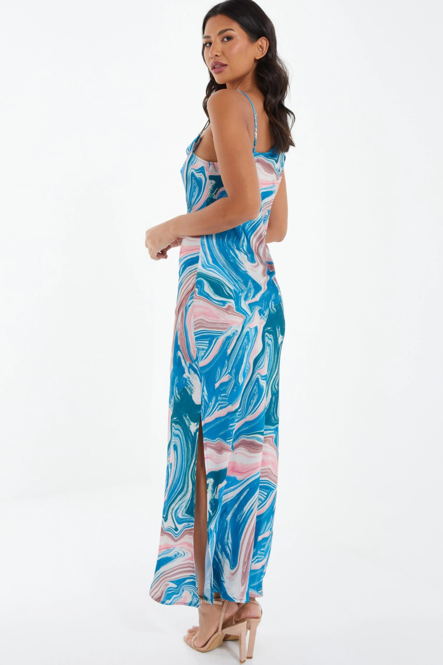 Blue Satin Marble Print Midaxi Dress 3 Blue Satin Marble Print Midaxi Dress - Image 3