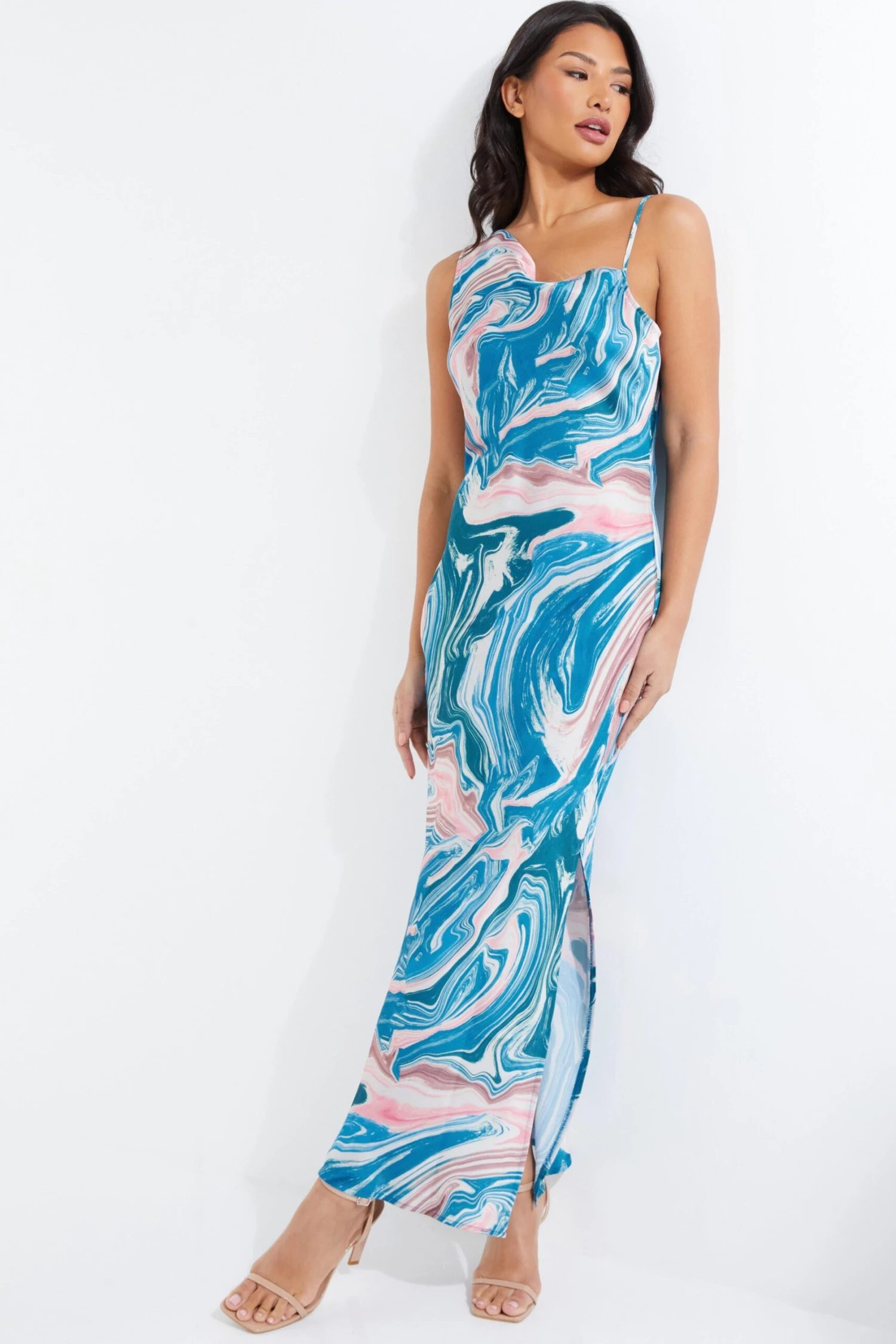 Blue Satin Marble Print Midaxi Dress 2 Blue Satin Marble Print Midaxi Dress - Image 2