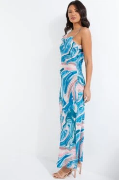 Blue Satin Marble Print Midaxi Dress 9 Blue Satin Marble Print Midaxi Dress -Glamourista 00100037175 XS