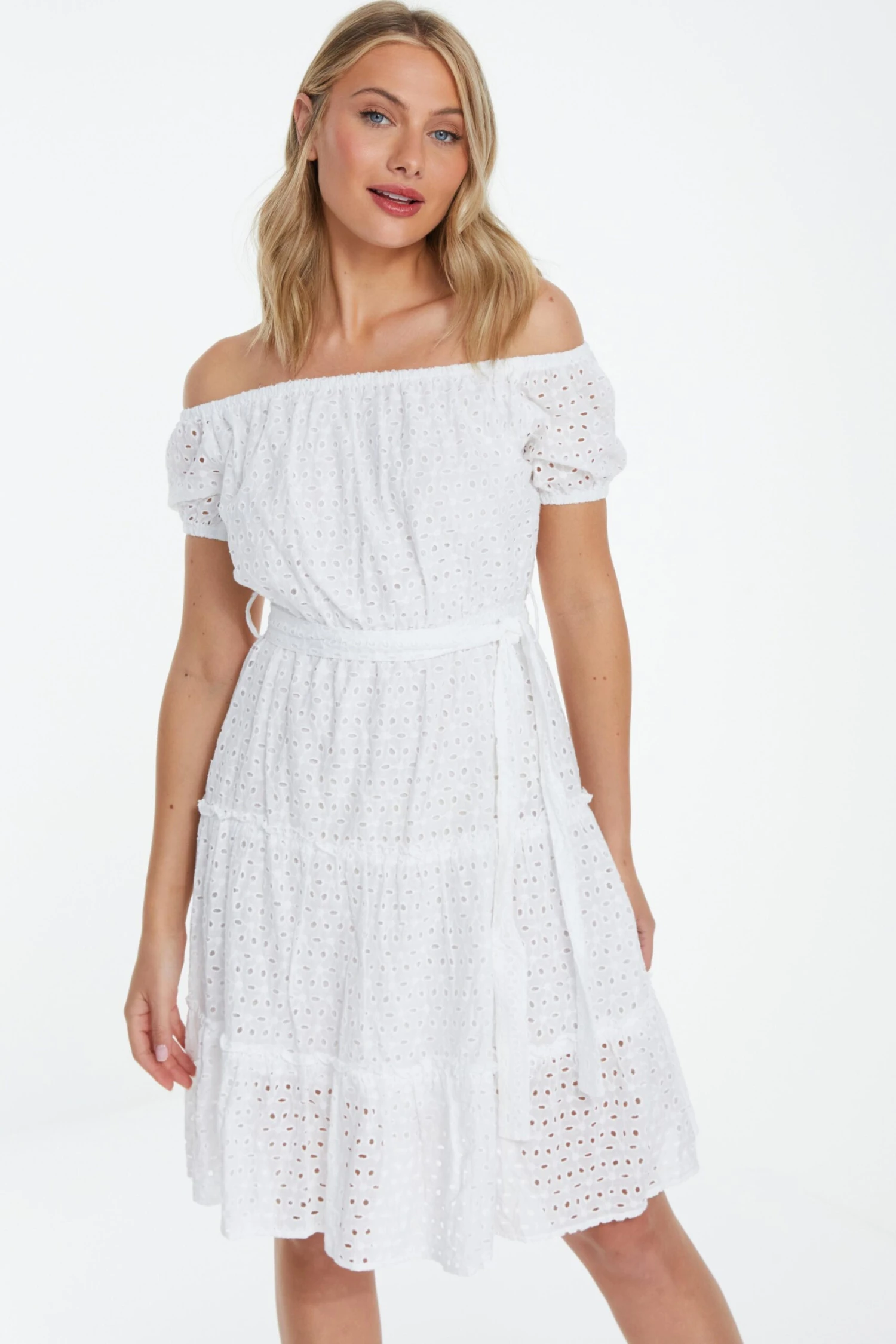 White Broderie Bardot Mini Dress 2 White Broderie Bardot Mini Dress - Image 2