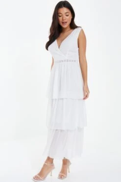 White Chiffon Lace Tiered Midi Dress -Glamourista 00100037177 XS