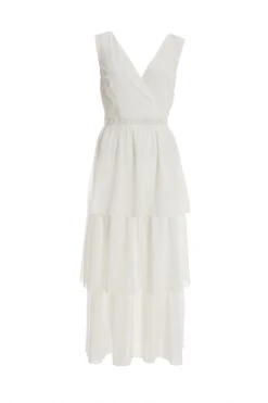 White Chiffon Lace Tiered Midi Dress
