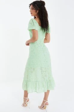 Sage Jacquard Puff Sleeve Midi Dress -Glamourista 00100037183 XB