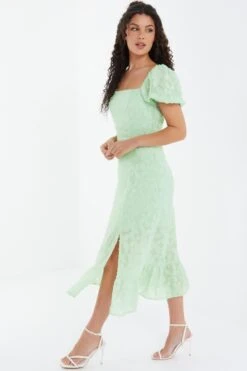 Sage Jacquard Puff Sleeve Midi Dress -Glamourista 00100037183 XS