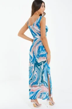 Petite Blue Satin Marble Print Midaxi Dress -Glamourista 00100037193 XB
