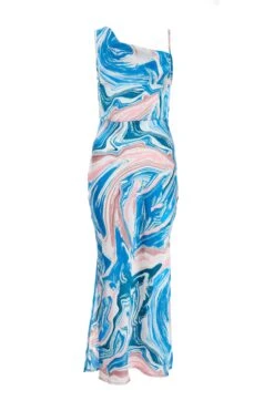 Petite Blue Satin Marble Print Midaxi Dress