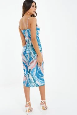 Petite Blue Satin Marble Print Ruched Midi Dress -Glamourista 00100037194 XB
