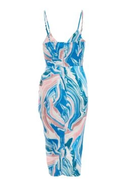Petite Blue Satin Marble Print Ruched Midi Dress -Glamourista 00100037194 ZB