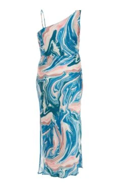 Curve Blue Satin Marble Print One Shoulder Midaxi Dress -Glamourista 00100037196 ZB