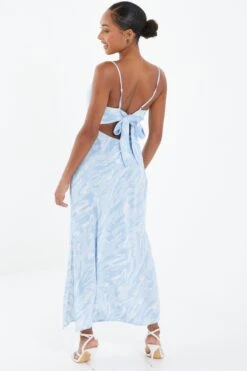 Light Blue Brush Stroke Tie Back Split Midi Dress -Glamourista 00100037202 XB