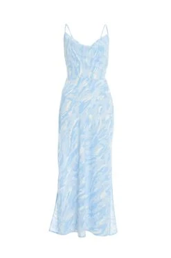 Light Blue Brush Stroke Tie Back Split Midi Dress