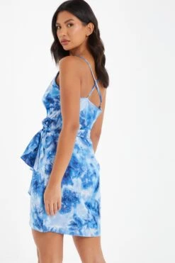 Blue Satin Marble Print Wrap Mini Dress -Glamourista 00100037206 XB