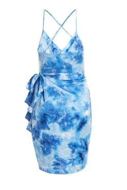 Blue Satin Marble Print Wrap Mini Dress -Glamourista 00100037206 ZB
