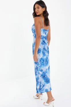 Blue Satin Marble Print Ruched Split Midi Dress -Glamourista 00100037207 XB