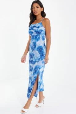 Blue Satin Marble Print Ruched Split Midi Dress -Glamourista 00100037207 XS