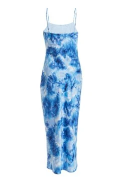 Blue Satin Marble Print Ruched Split Midi Dress -Glamourista 00100037207 ZB